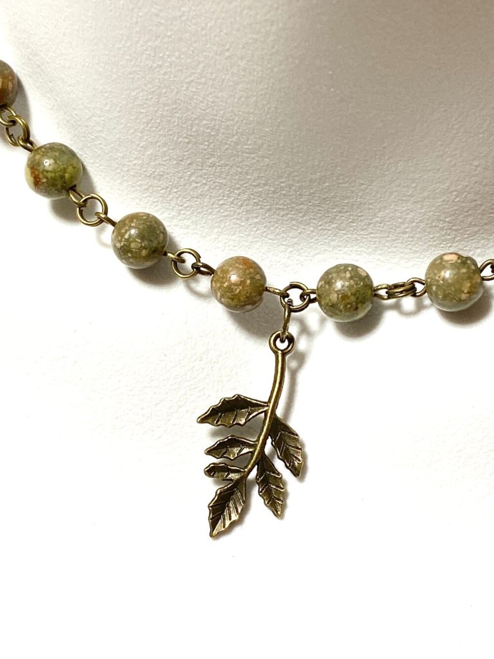 Natural Earthy Unakite Short Necklace,Gemstone & Bronze Leaf Branch Pendant